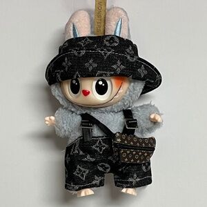 Labubu Designer Overalls Bucket Hat 3 Piece Outfit Bag Black Monsters Doll Plush